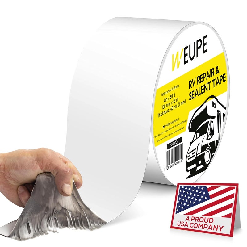 WEUPE RV Sealant Tape, White, 4 Inch x 50 Feet, Roof Patch Repair Tape, Roofing Tape for RV, Waterproof Leak Tape for RV puncture, Boat Sealing, Awning, Canopy, Tents, Camper, Greenhouse and Tarpaulin - Image 1